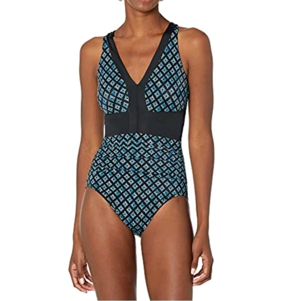 Coastal Blue One Piece Swimsuit XL 16-18 Tummy Control Ruched‎ V Neck Blue Black